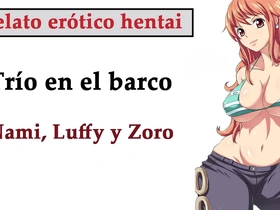 Spanish anime story nami luffy and zoro empathize with threesome on the rowing-boat