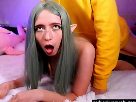 Submissive petite elf with chubby titts likes rough fuck and get cum on face
