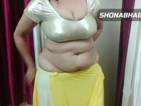 My sexy chubby Shonabhabhi debilitating satin blouse and saree