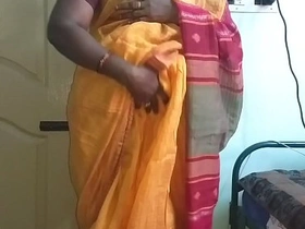 Desi indian horny tamil telugu kannada malayalam hindi cheating wife vanitha wearing orange diagonal saree showing big boobs and shaved pussy press lasting boobs press nip fretting pussy masturbation