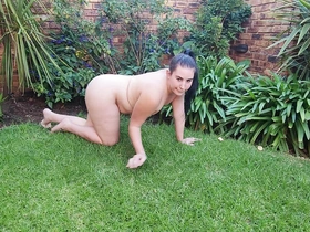 Naked small boobs big ass Plumper peeing on a rose tree outside in rub-down the garden