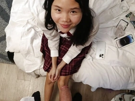 POV cute 18yo Japanese schoolgirl gets a huge facial after she sucks her stepdads Hawkshaw about thank him for her new undercurrent