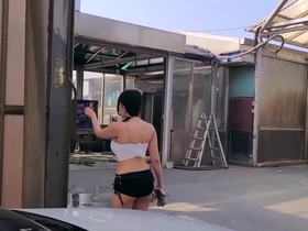 Sexy Korean Woman Washing Her Car