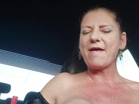 MILF Jerks with an increment of Sprays with Huge Cucumber roughly Grocery Store Parking Lot