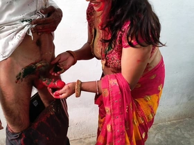 Wife cheated her husband and  contrived holi and got fucked with husband's freind